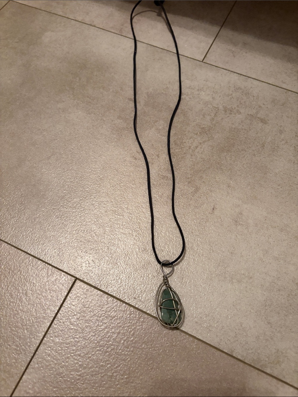 Jade Wire-Wrapped Stone Pendant Necklace on Black Cord